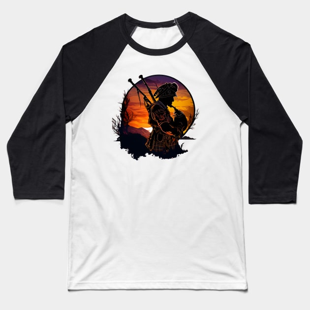 Bagpipe player in the dark sunset Baseball T-Shirt by MLArtifex